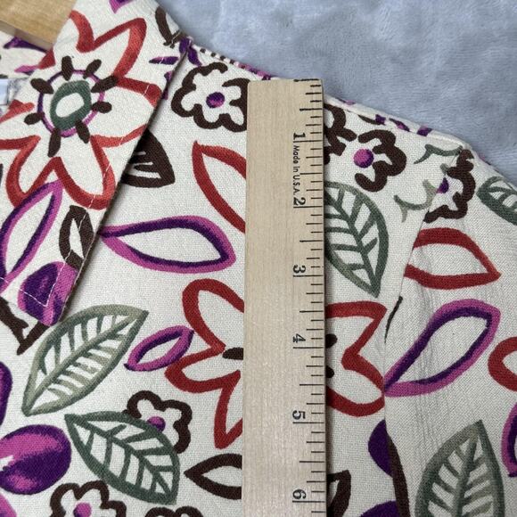 Hot Cotton Shirt Womens Large Cream Multicolor Floral Button Front Short Sleeve - Picture 10 of 11